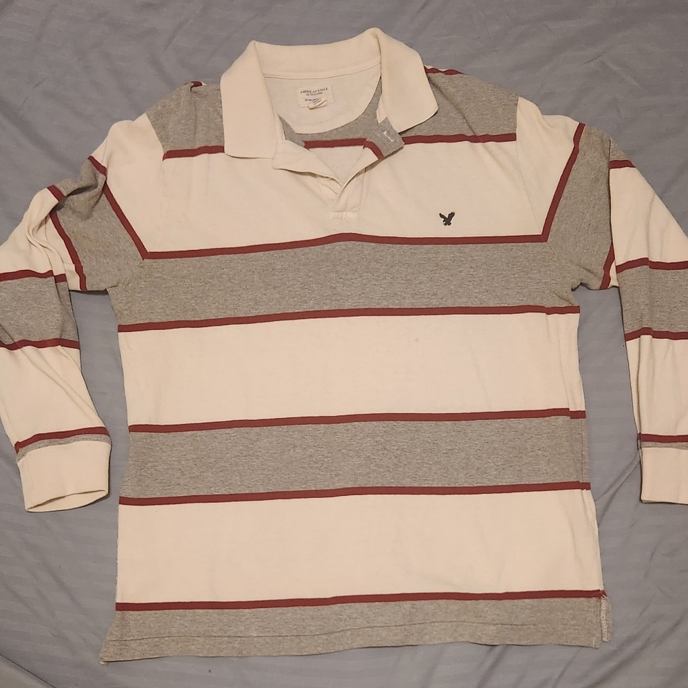 American Eagle White/Gray/Red Long Sleeve Polo (Mens M)